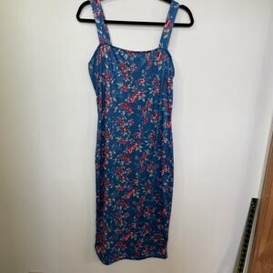 SPRIME Women’s Small Midi Dress Square Neck Teal Blue Pink Floral Straps